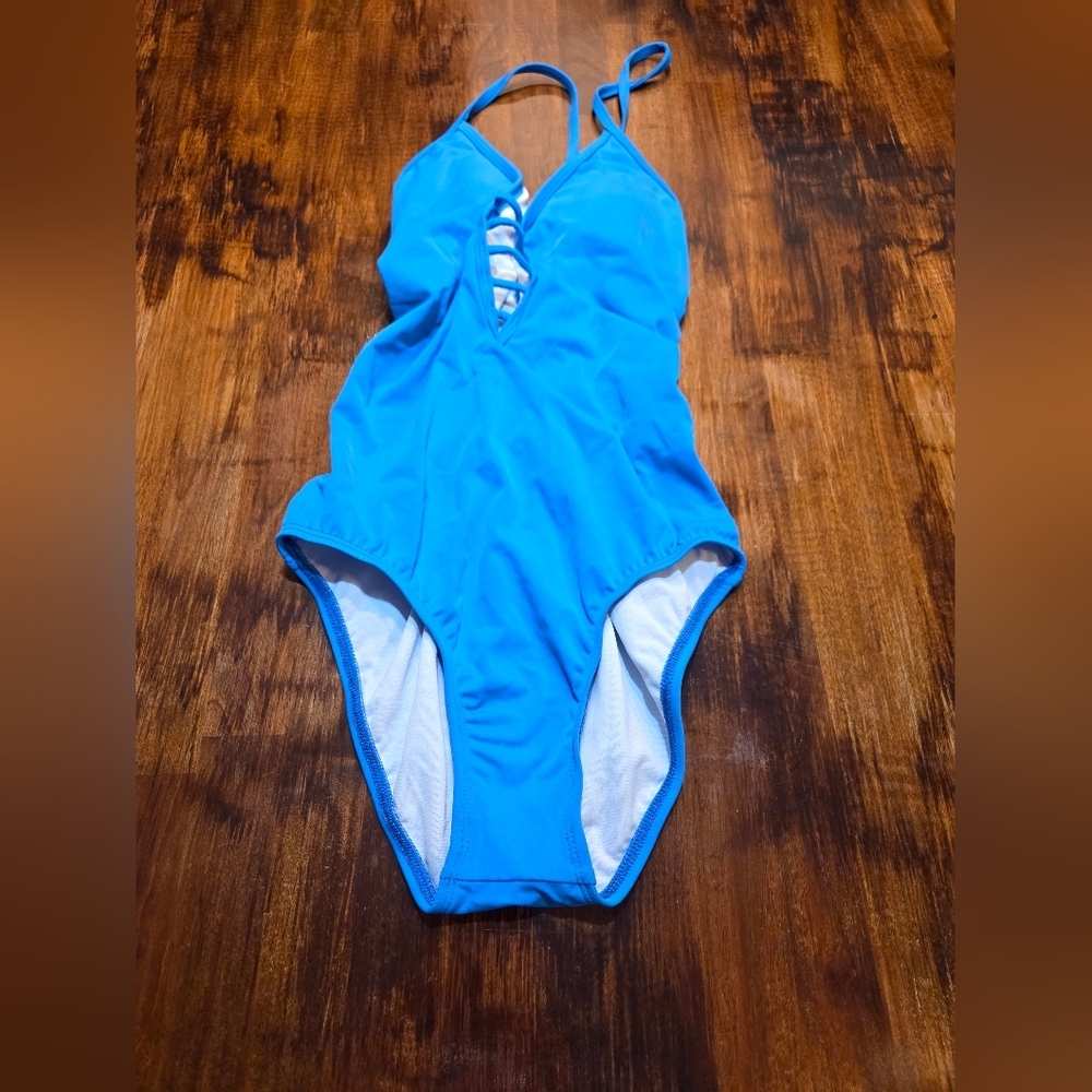 Women's Size 6 Blue One Piece Swimsuit With Lace Up Back - Picture 1 of 7